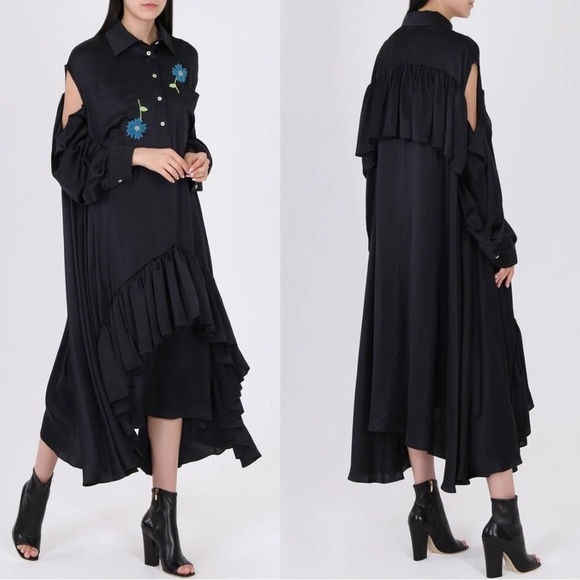 Natasha Zinko 100% Silk Floral Beaded Embellished Ruffle Midi Shirt Dress - Picture 2 of 16